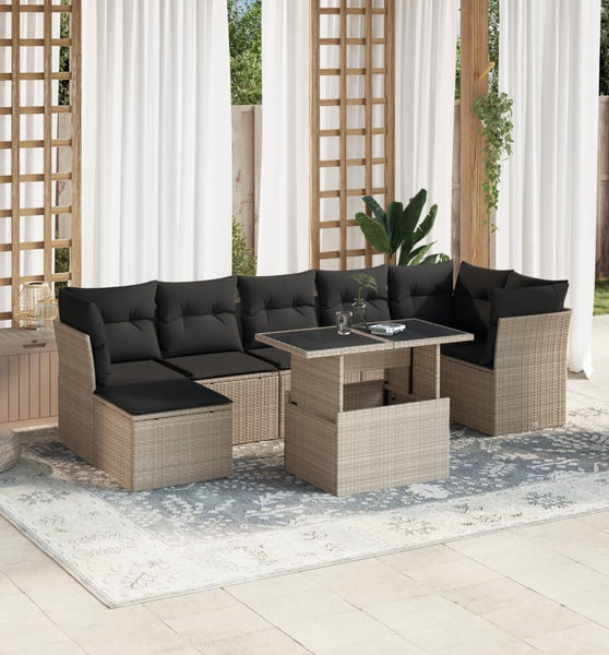 8-tlg. Garten-Sofagarnitur mit Kissen Hellgrau Poly Rattan