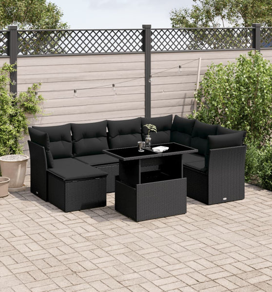 8-tlg. Garten-Sofagarnitur mit Kissen Schwarz Poly Rattan