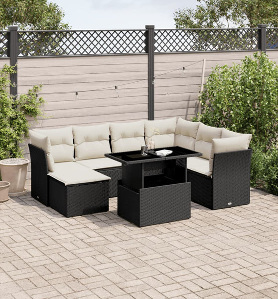 8-tlg. Garten-Sofagarnitur mit Kissen Schwarz Poly Rattan