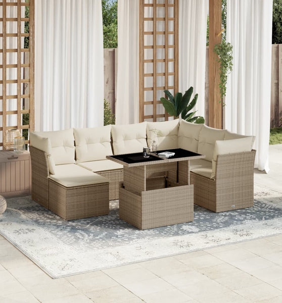 8-tlg. Garten-Sofagarnitur mit Kissen Beige Poly Rattan