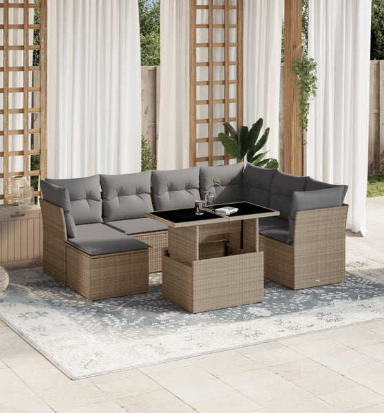 8-tlg. Garten-Sofagarnitur mit Kissen Beige Poly Rattan