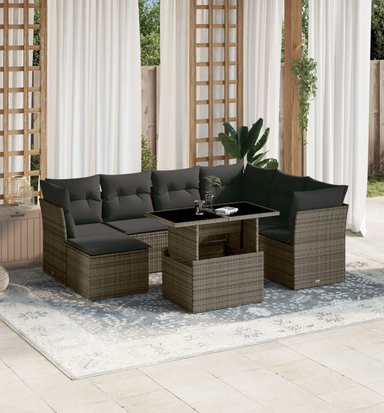 8-tlg. Garten-Sofagarnitur mit Kissen Grau Poly Rattan