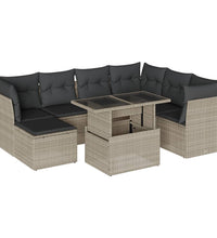8-tlg. Garten-Sofagarnitur mit Kissen Hellgrau Poly Rattan