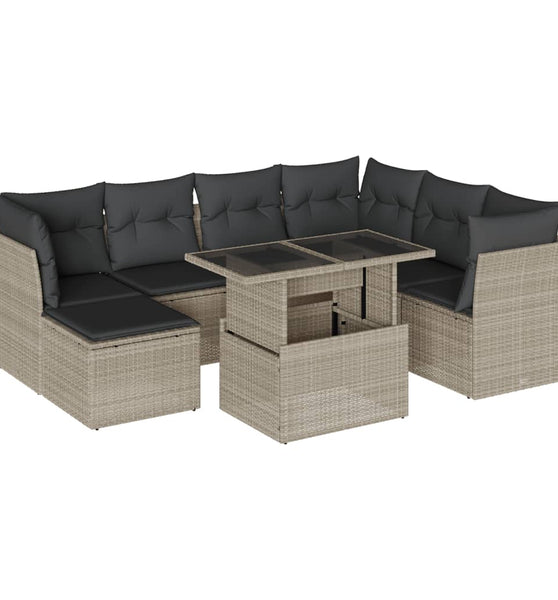 8-tlg. Garten-Sofagarnitur mit Kissen Hellgrau Poly Rattan