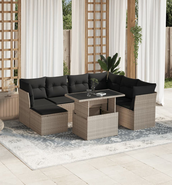 8-tlg. Garten-Sofagarnitur mit Kissen Hellgrau Poly Rattan