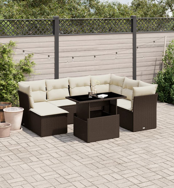 8-tlg. Garten-Sofagarnitur mit Kissen Braun Poly Rattan
