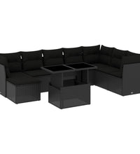 9-tlg. Garten-Sofagarnitur mit Kissen Schwarz Poly Rattan
