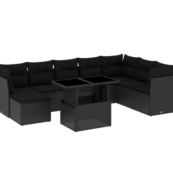 9-tlg. Garten-Sofagarnitur mit Kissen Schwarz Poly Rattan