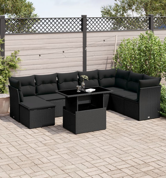 9-tlg. Garten-Sofagarnitur mit Kissen Schwarz Poly Rattan