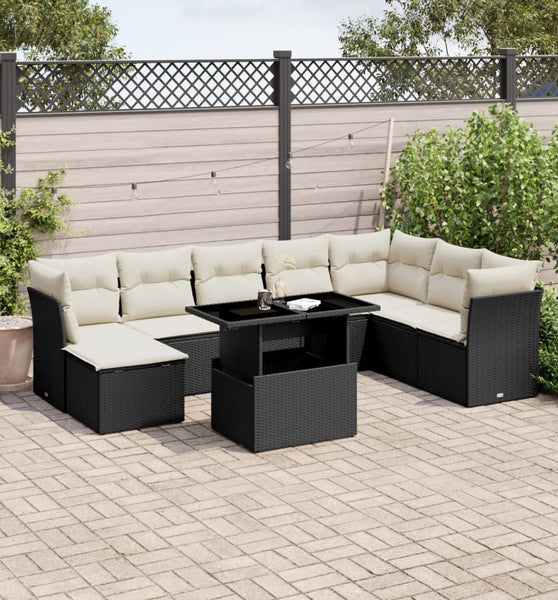 9-tlg. Garten-Sofagarnitur mit Kissen Schwarz Poly Rattan