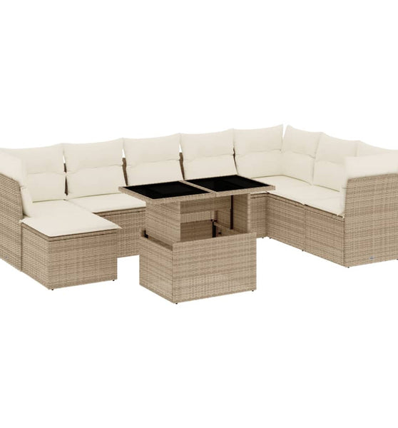 9-tlg. Garten-Sofagarnitur mit Kissen Beige Poly Rattan