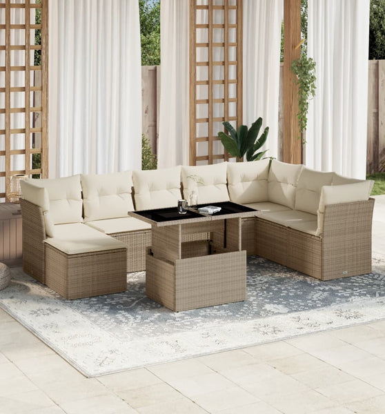 9-tlg. Garten-Sofagarnitur mit Kissen Beige Poly Rattan