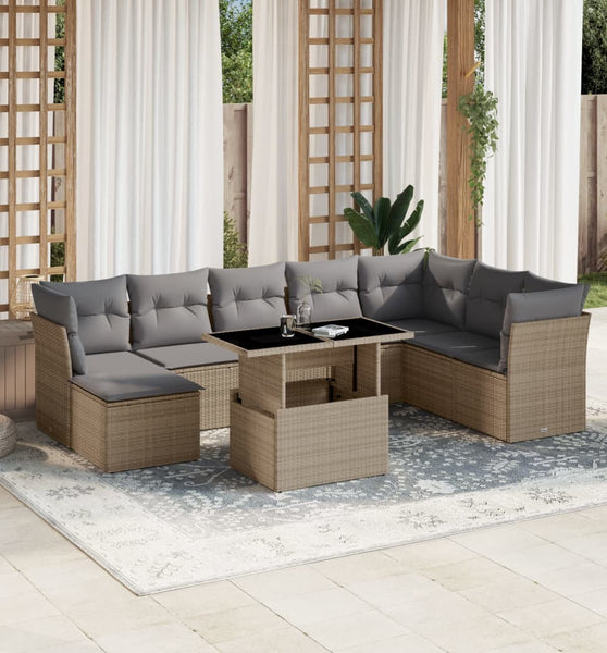 9-tlg. Garten-Sofagarnitur mit Kissen Beige Poly Rattan