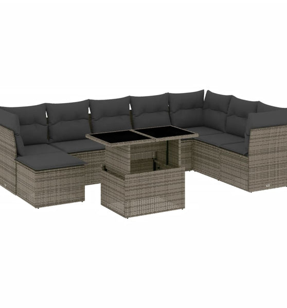 9-tlg. Garten-Sofagarnitur mit Kissen Grau Poly Rattan