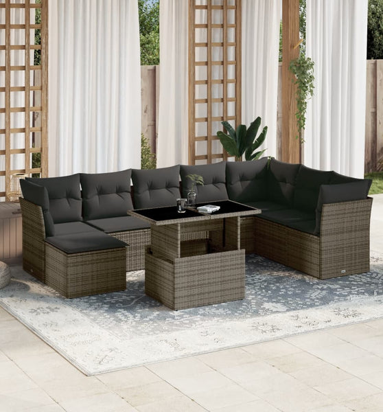 9-tlg. Garten-Sofagarnitur mit Kissen Grau Poly Rattan