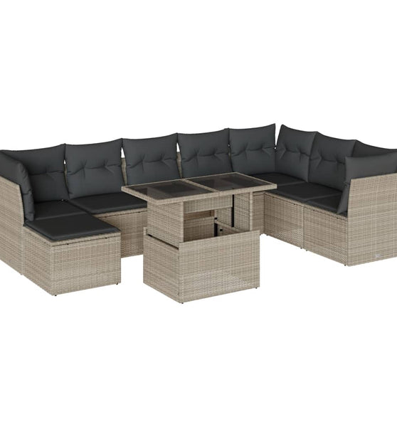 9-tlg. Garten-Sofagarnitur mit Kissen Hellgrau Poly Rattan