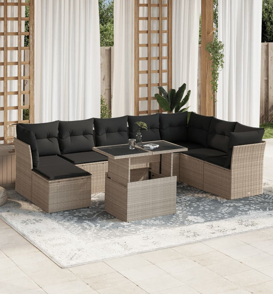 9-tlg. Garten-Sofagarnitur mit Kissen Hellgrau Poly Rattan