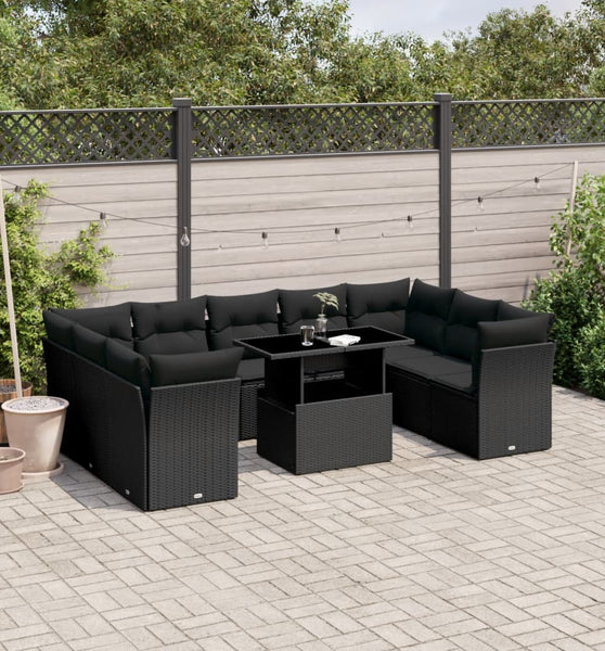 10-tlg. Garten-Sofagarnitur mit Kissen Schwarz Poly Rattan