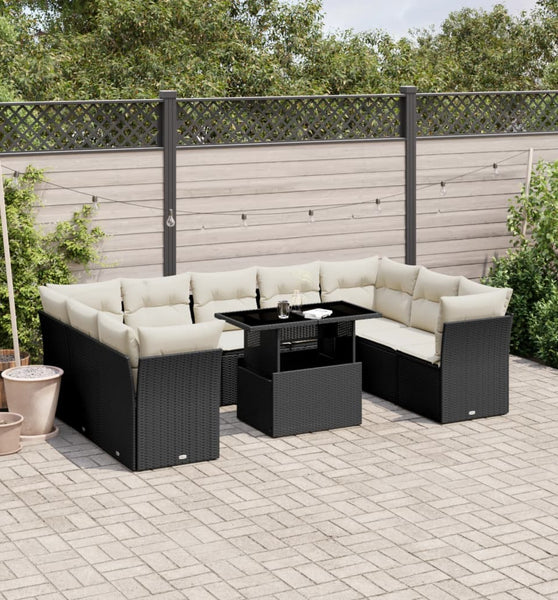 10-tlg. Garten-Sofagarnitur mit Kissen Schwarz Poly Rattan