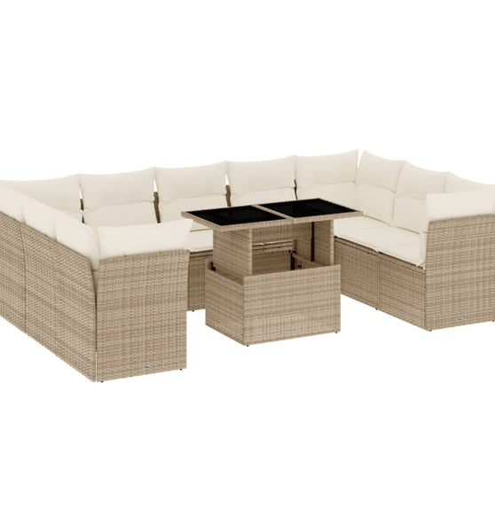 10-tlg. Garten-Sofagarnitur mit Kissen Beige Poly Rattan