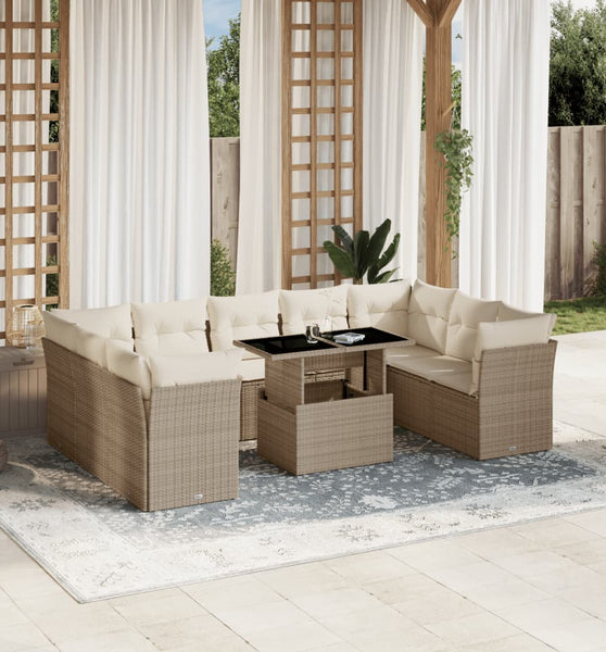 10-tlg. Garten-Sofagarnitur mit Kissen Beige Poly Rattan