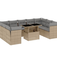 10-tlg. Garten-Sofagarnitur mit Kissen Beige Poly Rattan