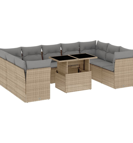 10-tlg. Garten-Sofagarnitur mit Kissen Beige Poly Rattan