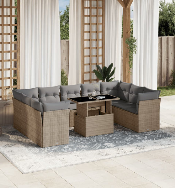 10-tlg. Garten-Sofagarnitur mit Kissen Beige Poly Rattan