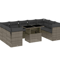 10-tlg. Garten-Sofagarnitur mit Kissen Grau Poly Rattan
