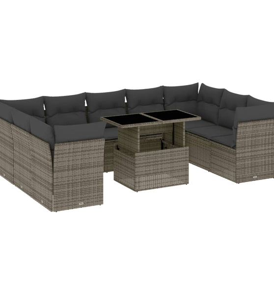 10-tlg. Garten-Sofagarnitur mit Kissen Grau Poly Rattan