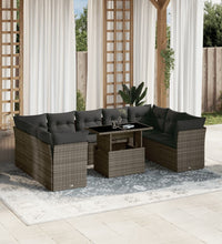 10-tlg. Garten-Sofagarnitur mit Kissen Grau Poly Rattan