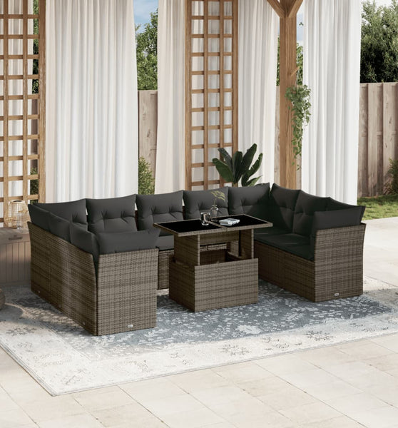 10-tlg. Garten-Sofagarnitur mit Kissen Grau Poly Rattan