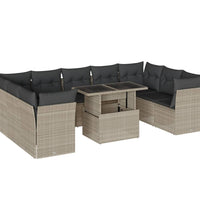 10-tlg. Garten-Sofagarnitur mit Kissen Hellgrau Poly Rattan