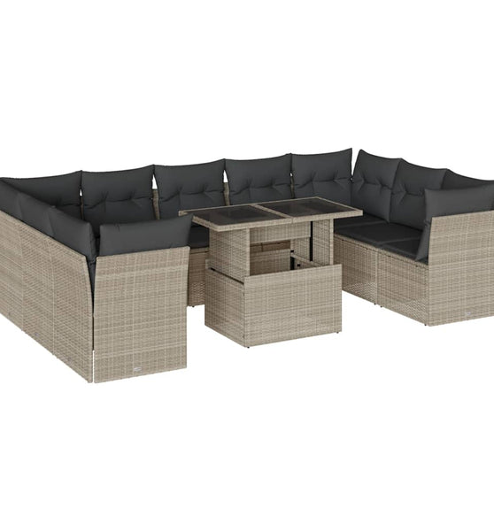 10-tlg. Garten-Sofagarnitur mit Kissen Hellgrau Poly Rattan