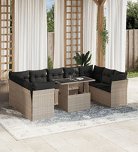 10-tlg. Garten-Sofagarnitur mit Kissen Hellgrau Poly Rattan