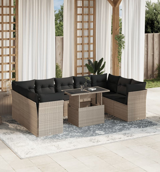 10-tlg. Garten-Sofagarnitur mit Kissen Hellgrau Poly Rattan