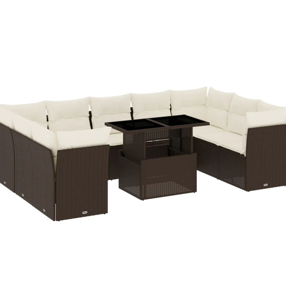 10-tlg. Garten-Sofagarnitur mit Kissen Braun Poly Rattan