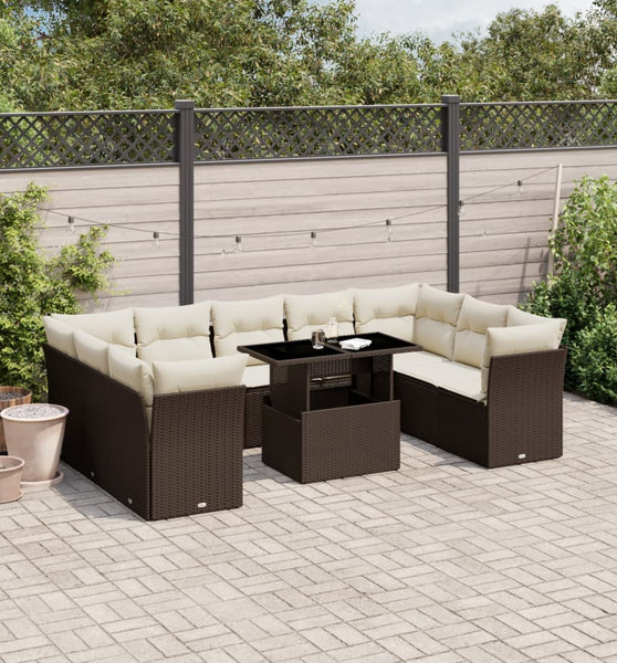 10-tlg. Garten-Sofagarnitur mit Kissen Braun Poly Rattan