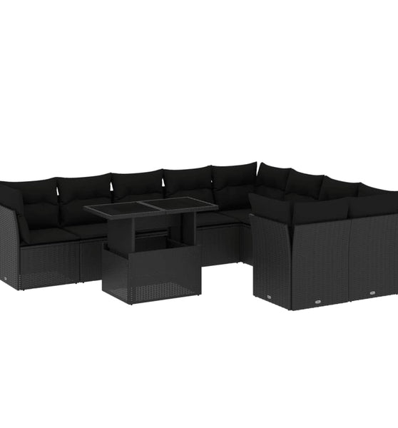 10-tlg. Garten-Sofagarnitur mit Kissen Schwarz Poly Rattan