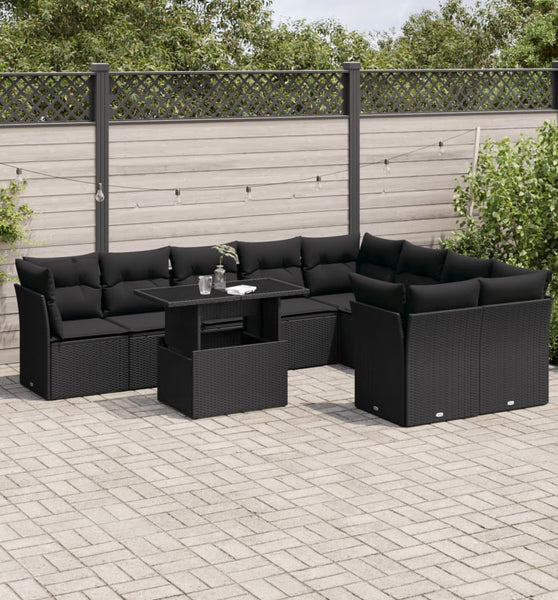 10-tlg. Garten-Sofagarnitur mit Kissen Schwarz Poly Rattan
