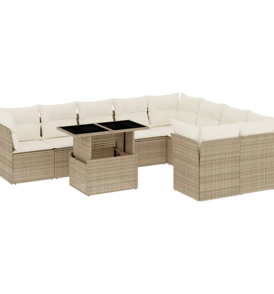 10-tlg. Garten-Sofagarnitur mit Kissen Beige Poly Rattan