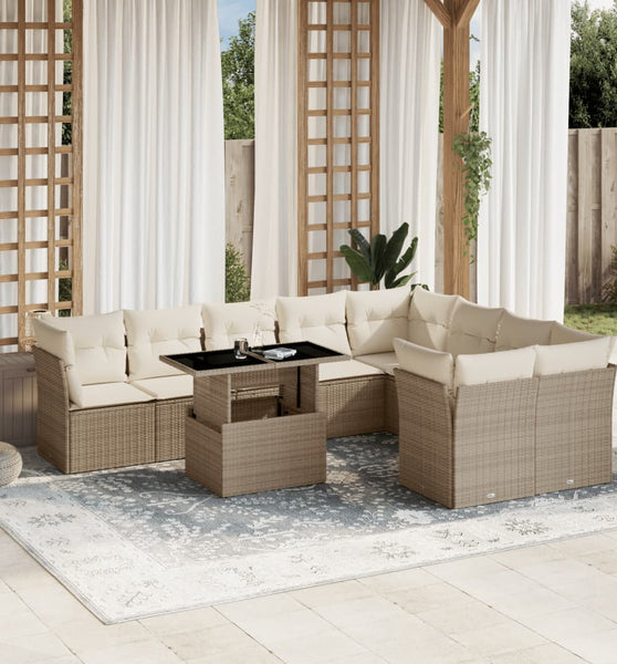 10-tlg. Garten-Sofagarnitur mit Kissen Beige Poly Rattan
