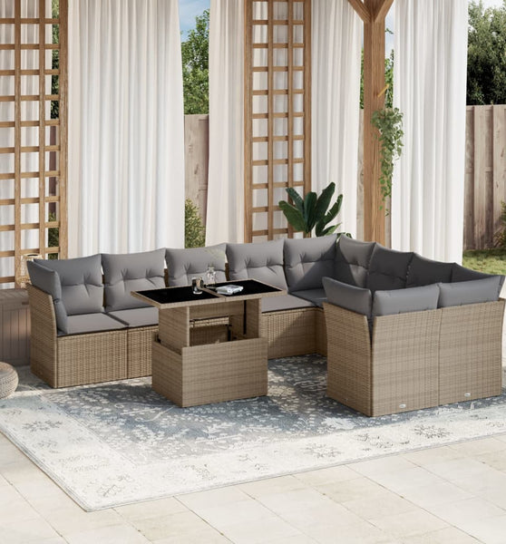 10-tlg. Garten-Sofagarnitur mit Kissen Beige Poly Rattan