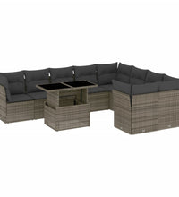 10-tlg. Garten-Sofagarnitur mit Kissen Grau Poly Rattan