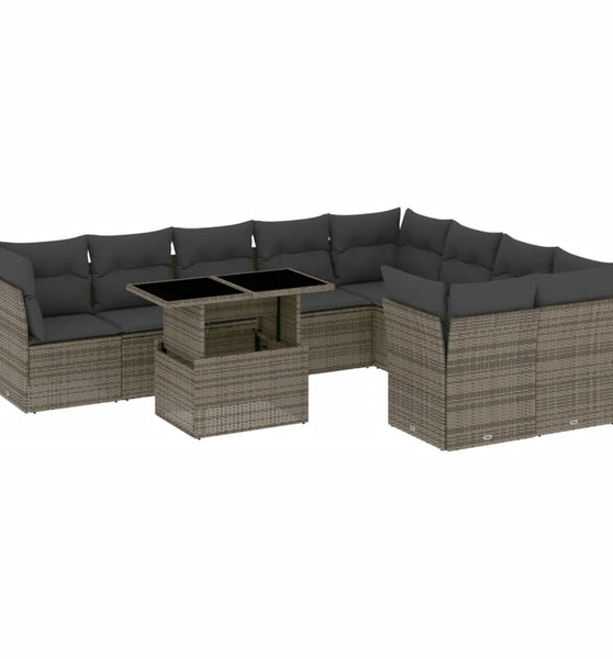 10-tlg. Garten-Sofagarnitur mit Kissen Grau Poly Rattan