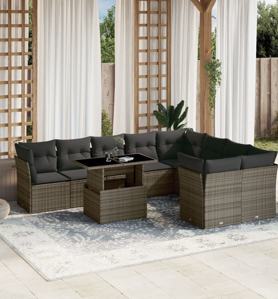 10-tlg. Garten-Sofagarnitur mit Kissen Grau Poly Rattan