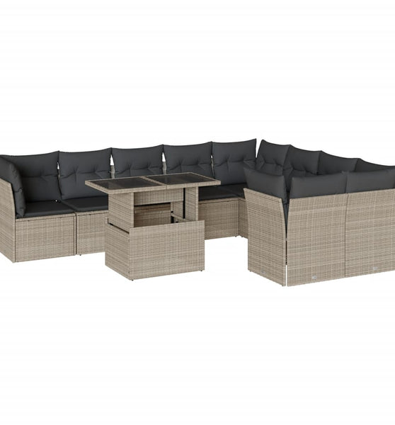 10-tlg. Garten-Sofagarnitur mit Kissen Hellgrau Poly Rattan