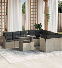 10-tlg. Garten-Sofagarnitur mit Kissen Hellgrau Poly Rattan
