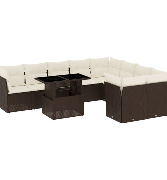 10-tlg. Garten-Sofagarnitur mit Kissen Braun Poly Rattan