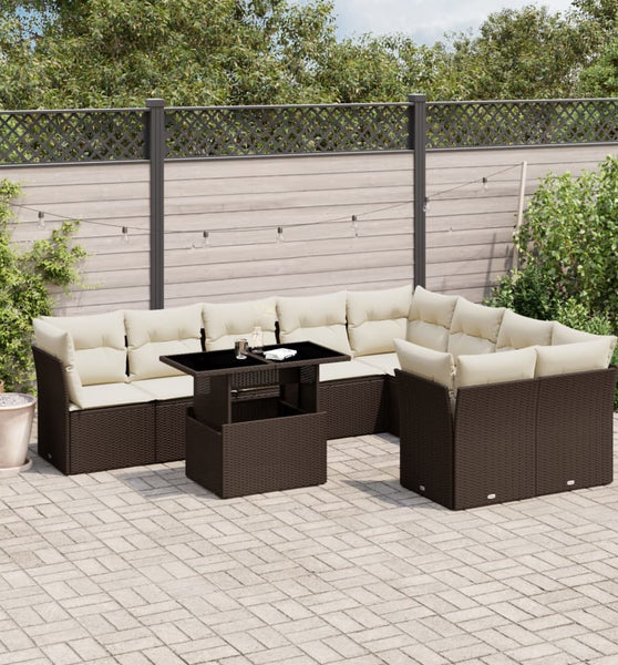10-tlg. Garten-Sofagarnitur mit Kissen Braun Poly Rattan